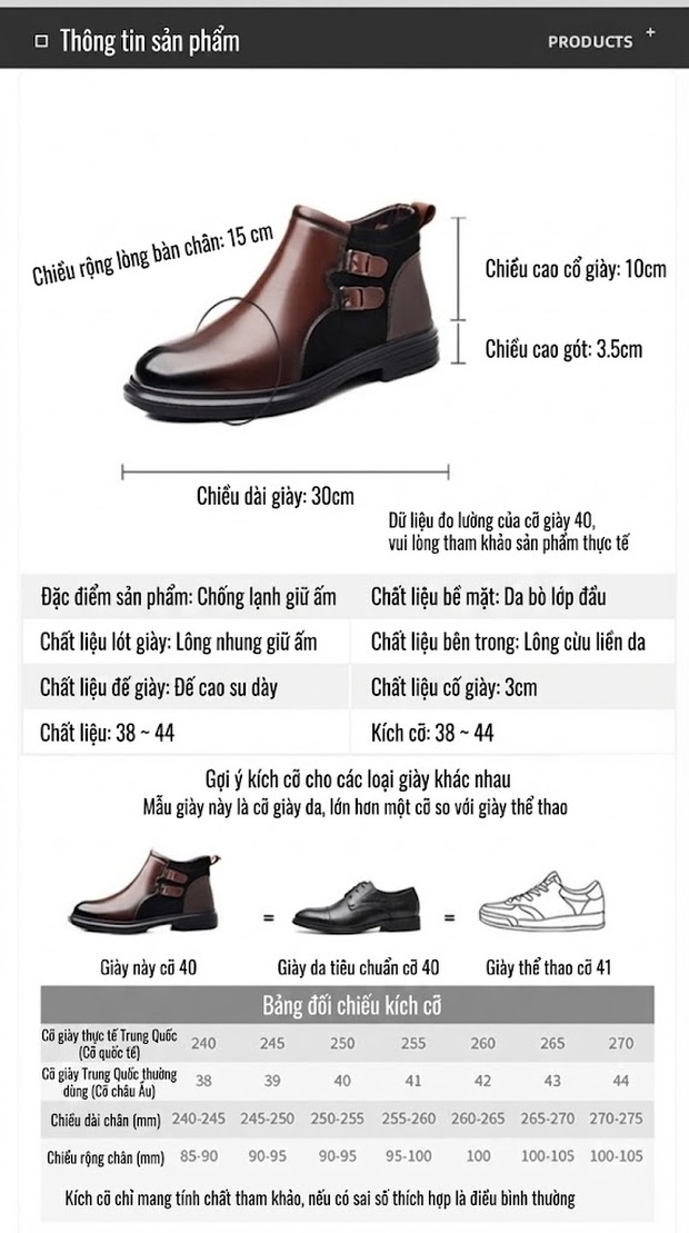 Giày Chelsea Nam Da Thật Lót Lông Cừu Mũi Nhọn Chiều Cao Đế Khoảng 3cm Màu Đen, Nâu chi tiết 7
