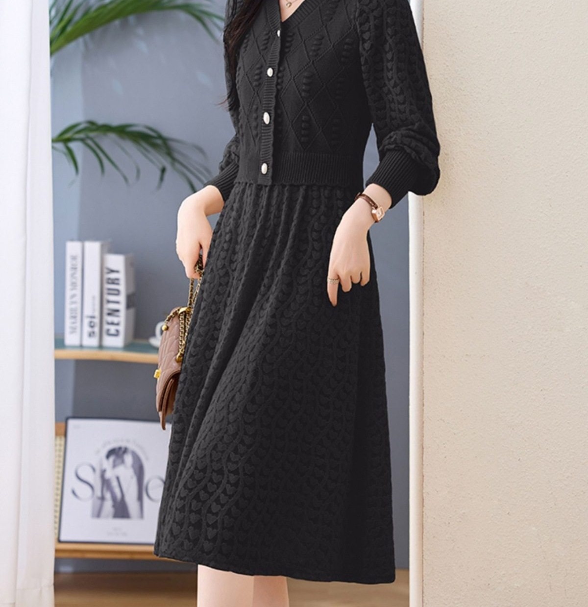 Váy Dệt Kim Nữ Tay Dài Dáng Xòe Họa Tiết Lỗ Màu Be, Hồng, Đen chi tiết 49