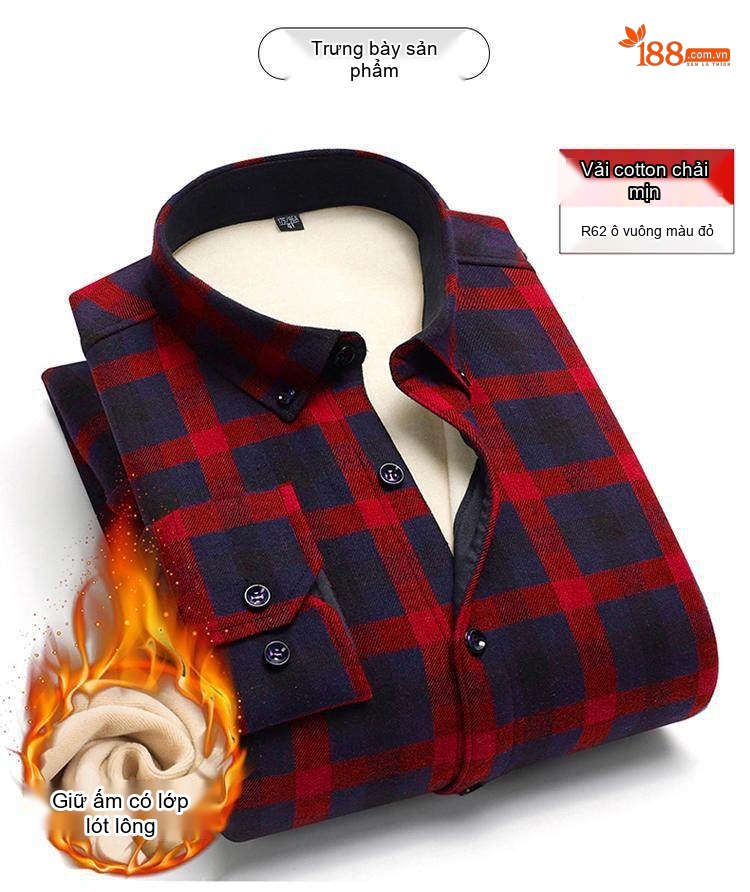Áo Sơ Mi Nam Cotton Dài Tay Lót Lông Cổ Điển Chống Nhăn Màu Xanh Navy, Xám, Đỏ, Xanh Lá... chi tiết 11