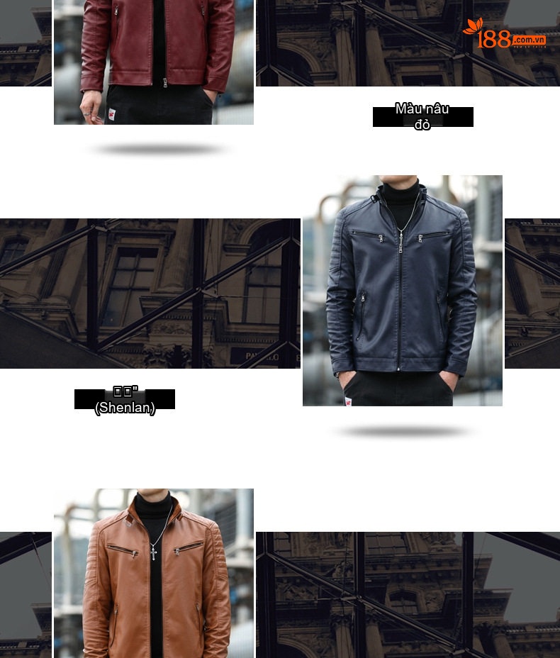 Áo Khoác Da Nam Cổ Trụ Dáng Ôm Phong Cách Biker Màu Nâu, Đen, Xanh Navy, Đỏ... chi tiết 16