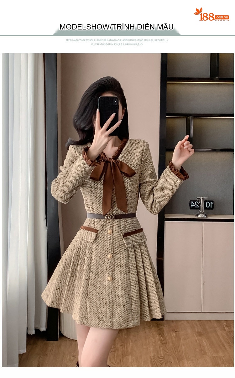 Váy Liền Thân Tiểu Thư Cổ Nơ Phong Cách Pháp Chân Váy Xòe Dáng Ngắn Màu Be chi tiết 11