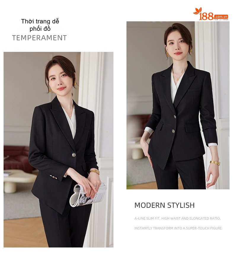 Bộ Vest Công Sở Nữ Dáng Dài Tay Thu Đông Phong Cách Hàn Quốc Màu Đen, Xanh Navy, Tím chi tiết 8