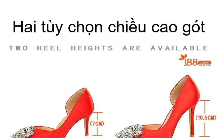 Giày Cao Gót Nữ Hở Bên Quai Mảnh Mũi Nhọn Đính Đá Chiều Cao Đế Khoảng 7cm Màu Đen, Đỏ, Xanh Lá, Kem chi tiết 1