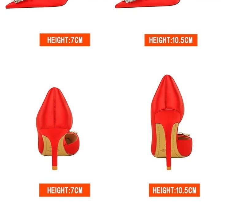 Giày Cao Gót Nữ Hở Bên Quai Mảnh Mũi Nhọn Đính Đá Chiều Cao Đế Khoảng 7cm Màu Đen, Đỏ, Xanh Lá, Kem chi tiết 2