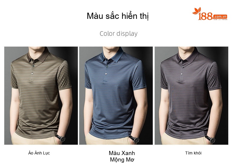 Áo Polo Nam Cộc Tay Sợi Tơ Tằm Họa Tiết Kẻ Sọc Màu Xám, Xanh, Nâu chi tiết 3