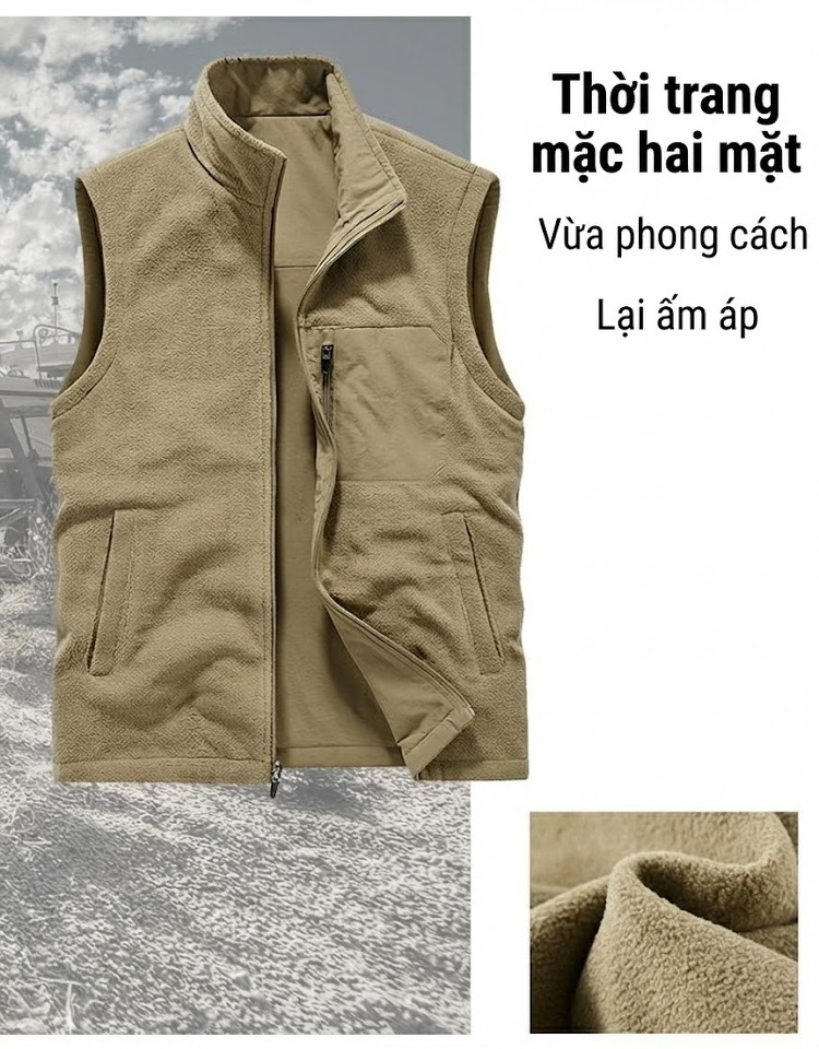 Áo Gile Nam Lót Lông Dày Dặn Hai Mặt Giữ Ấm Chống Gió Màu Xanh Rêu, Be, Xanh Navy, Đen, Xám chi tiết 2