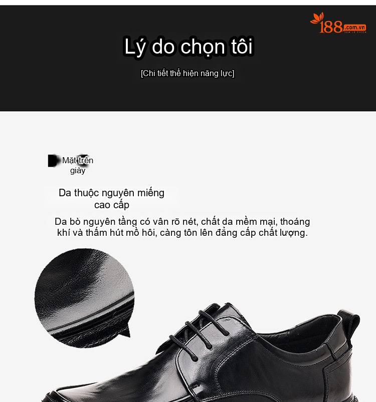 Giày Tây Buộc Dây Nam Da Bò Chiều Cao Đế Khoảng 3.5cm Màu Đen chi tiết 13