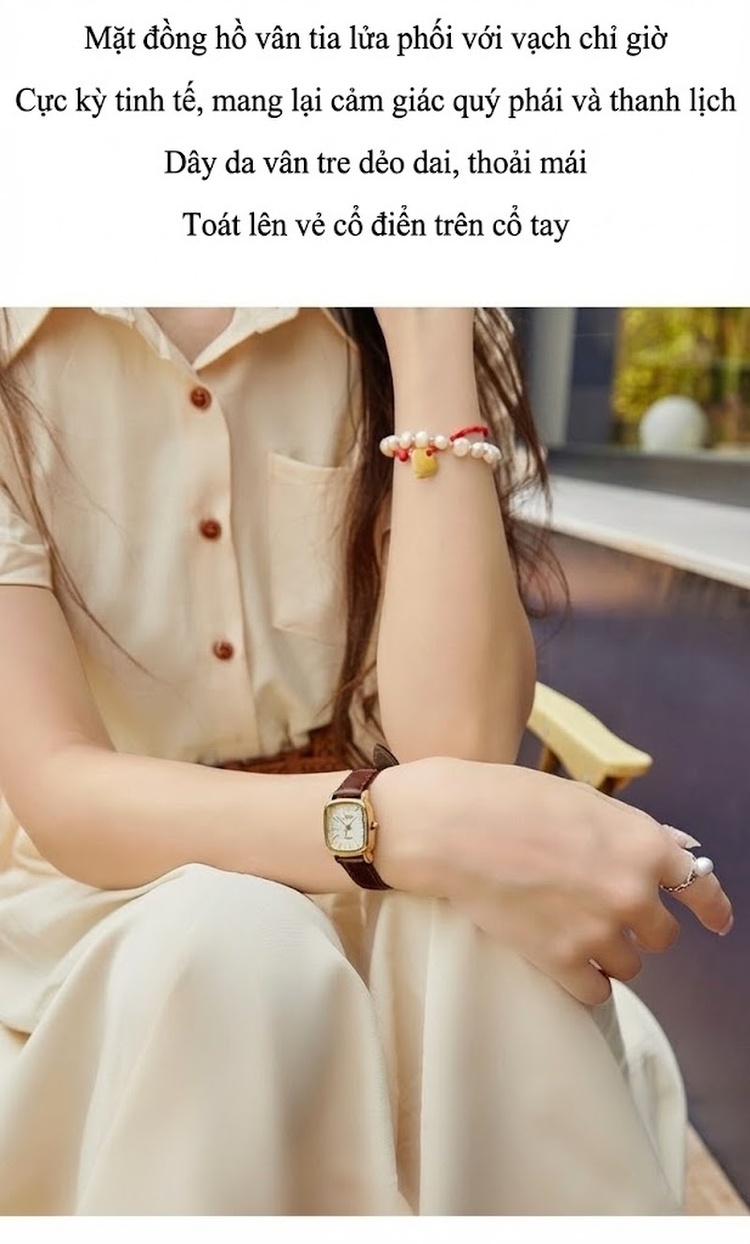 Đồng Hồ Nữ Mặt Vuông Nhỏ Dây Da Thật Cao Cấp Màu Vàng, Đen, Nâu Đỏ, Bạc chi tiết 8