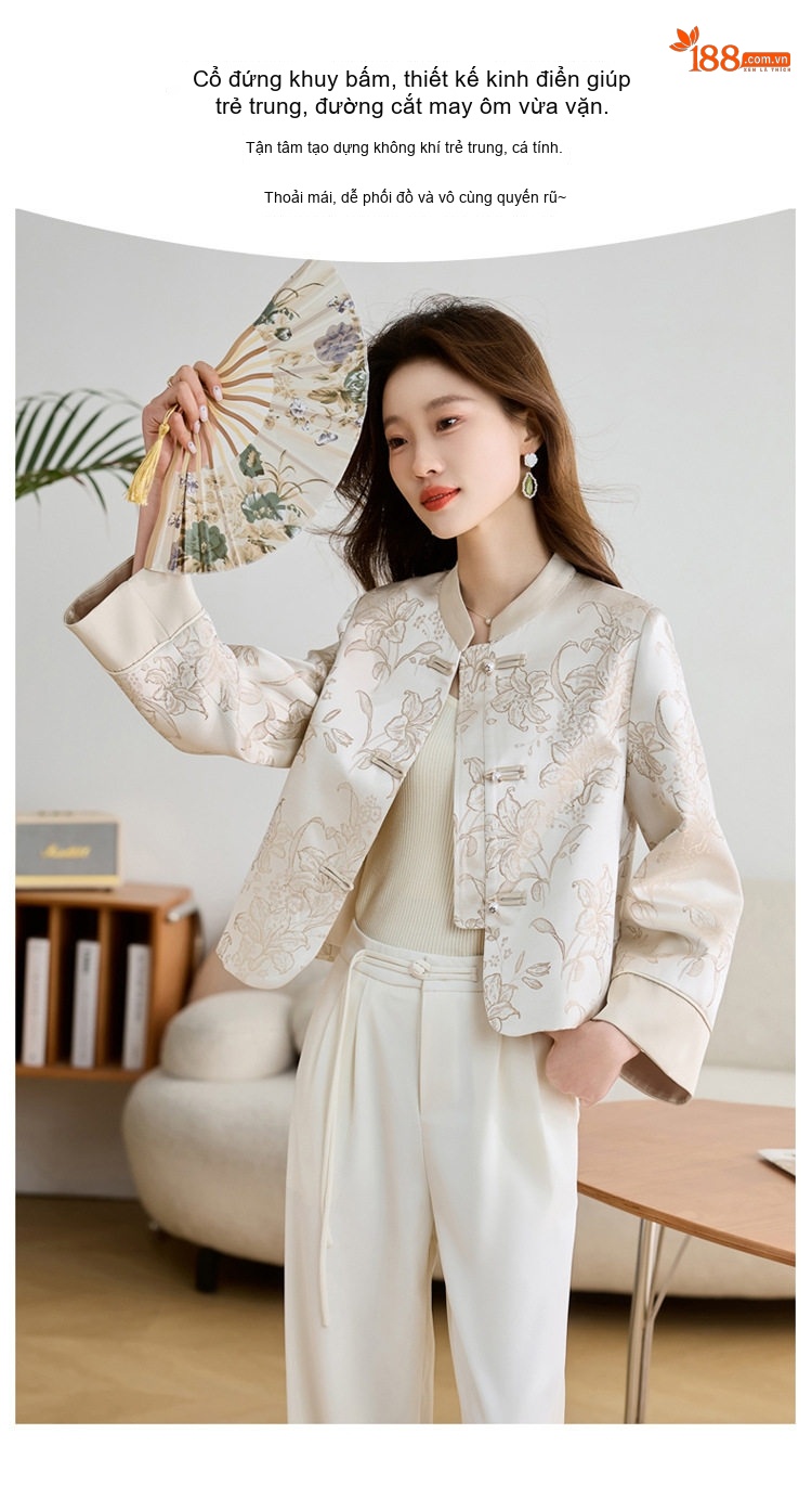 Áo Khoác Nữ Trung Hoa Cách Tân Phong Cách Quốc Dân Vải Satin Kiểu Áo Sườn Xám Thanh Lịch Màu Hồng, Kem chi tiết 5
