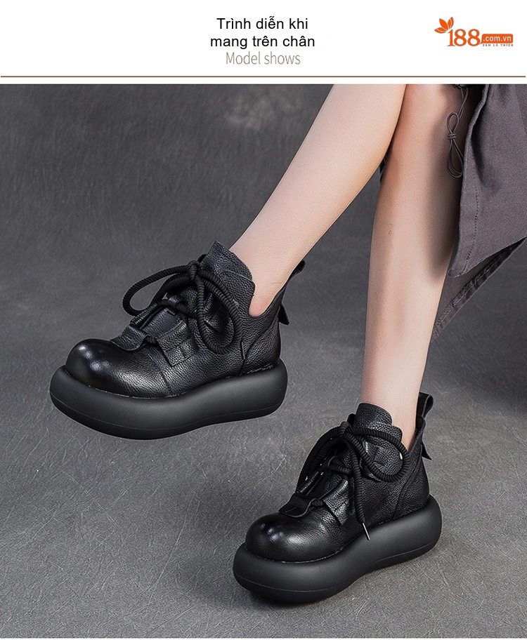 Giày Boot Nữ Da Bò Cổ Ngắn Phong Cách Anh Quốc Chiều Cao Đế Khoảng 5cm Màu Đen, Nâu chi tiết 7