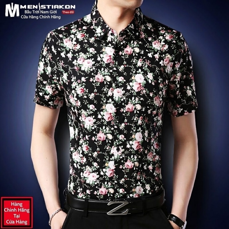 Áo Sơ Mi Tay Ngắn Nam Cotton Họa Tiết Hoa Mỏng Nhẹ Màu Đen, Trắng, Xanh Navy