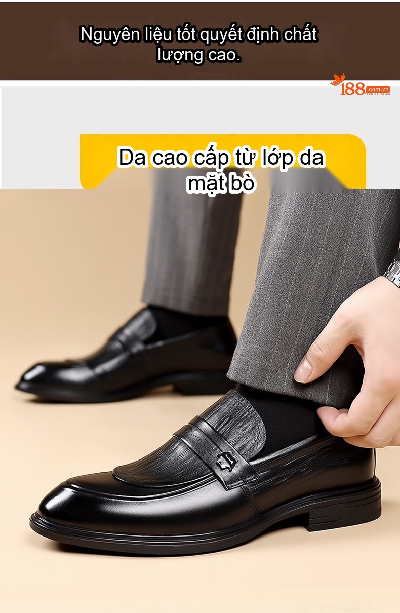 Giày Lười Nam Da Bò Mũi Nhọn Chiều Cao Đế Khoảng 3cm Màu Đen, Nâu chi tiết 7