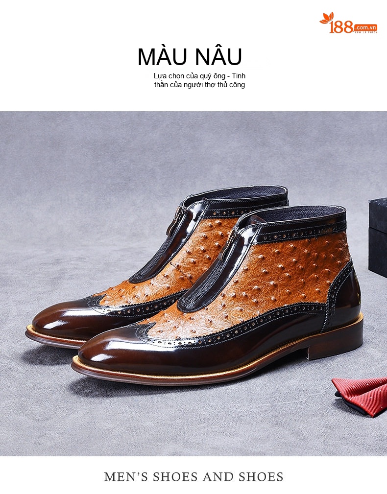 Boot Nam Da Bóng Khóa Kéo Trước Vân Đà Điểu Chiều Cao Đế Khoảng 3cm Màu Đen, Nâu chi tiết 12