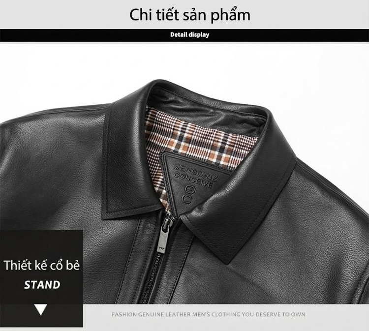 Áo Khoác Da Thật Nam Hải Ninh Cổ Bẻ Khóa Kéo Dáng Ôm Vừa Vặn Phong Cách Doanh Nhân Màu Đen chi tiết 9