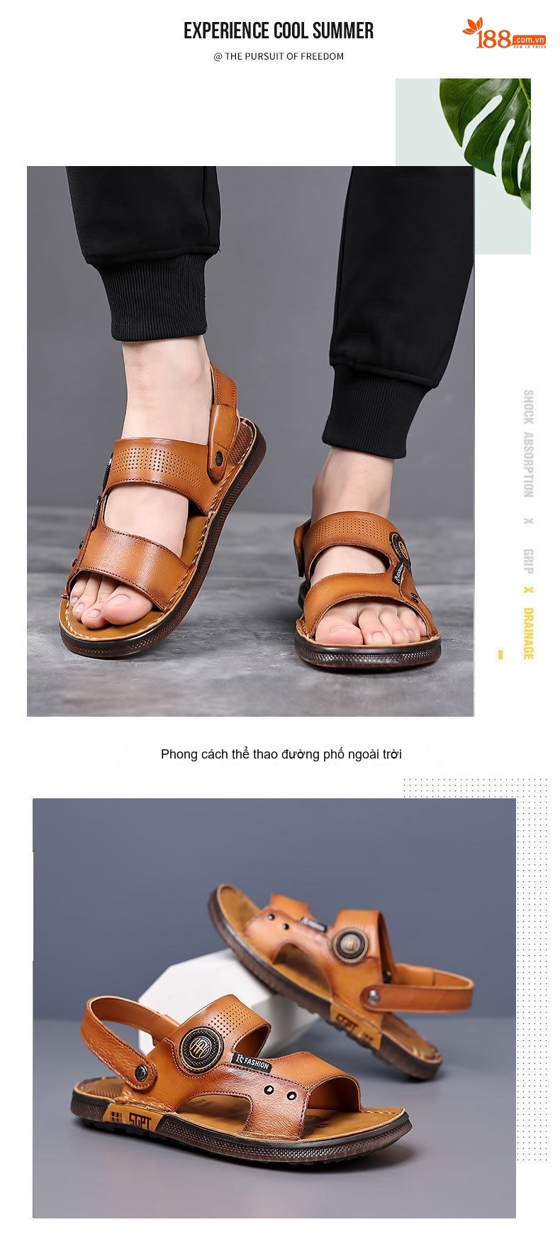 Dép Sandal Nam Da Thật Chống Trượt Thoáng Khí Chiều Cao Đế Khoảng 2cm Màu Nâu, Đen chi tiết 9