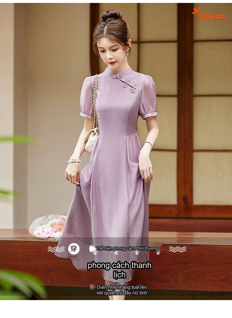 Váy Đầm Trung Hoa Cách Tân, Cổ Điển, Dáng Ôm Màu Tím, Xám, Xanh Lá chi tiết 3