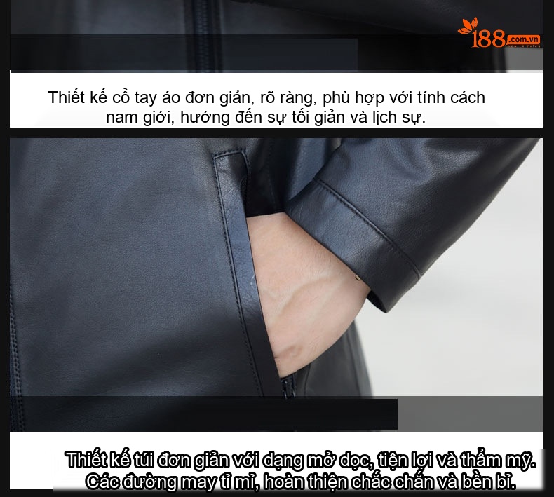 Áo Khoác Da Nam Da Bò Cổ Trụ Dáng Ôm Phong Cách Lịch Lãm Màu Đen chi tiết 13
