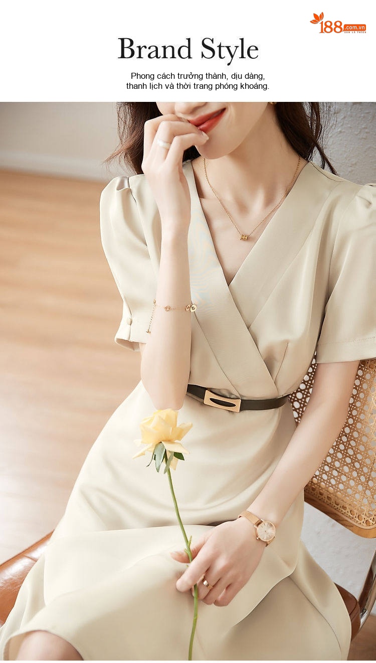 Váy liền thân Nữ Cổ chữ V Chữ A Tay Ngắn Thanh Lịch Màu Be chi tiết 1