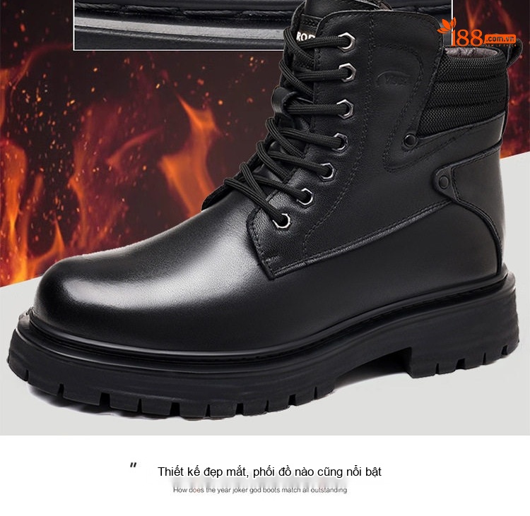 Boot Nam Da Thật Lông Cừu Giữ Ấm Chiều Cao Đế Khoảng 4cm Màu Đen chi tiết 5