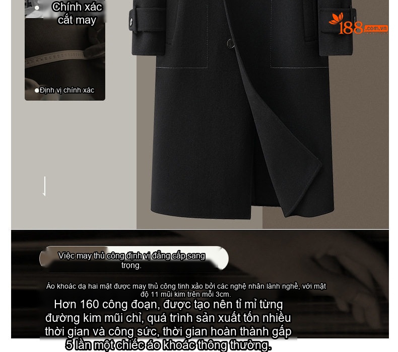 Áo Khoác Dạ Nam Dáng Dài Thắt Eo Hai Hàng Khuy Dày Dặn Phong Cách Hàn Quốc Màu Be, Đen chi tiết 8