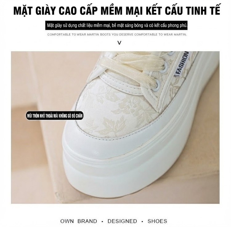 Giày Sneaker Nữ Đế Bánh Mì Chiều Cao Đế Khoảng 5cm Dây Ruy Băng Phong Cách Trung Hoa Màu Trắng, Hồng chi tiết 10