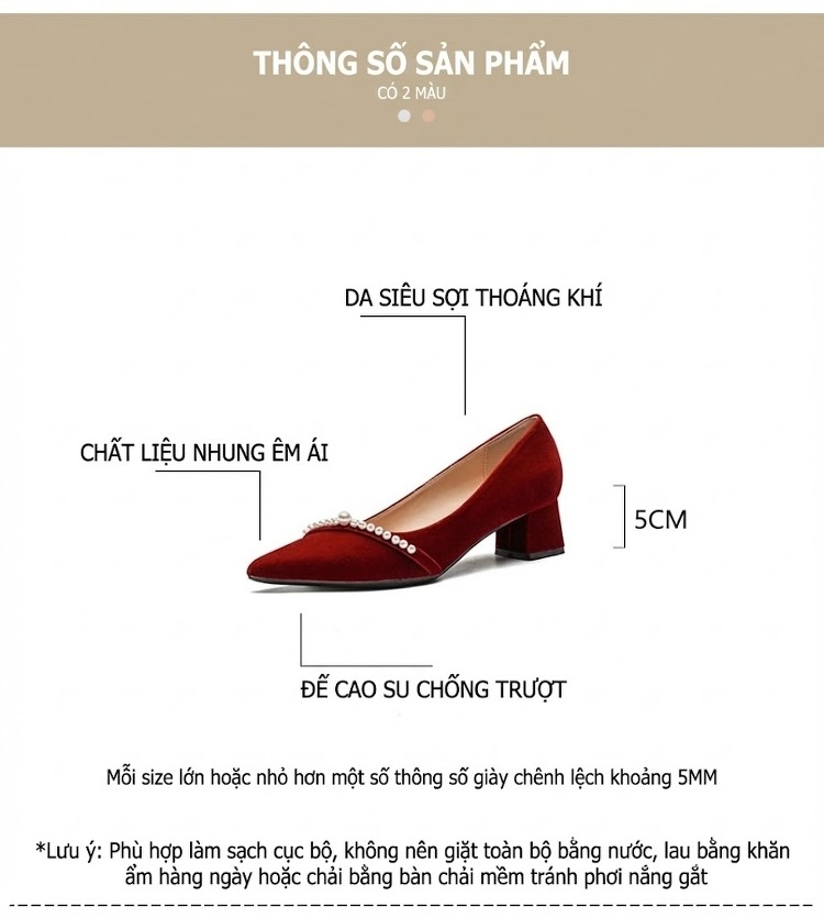 Giày Cao Gót Mũi Nhọn Nữ Quai Ngọc Trai Chiều Cao Đế Khoảng 5cm Màu Đỏ, Trắng chi tiết 4