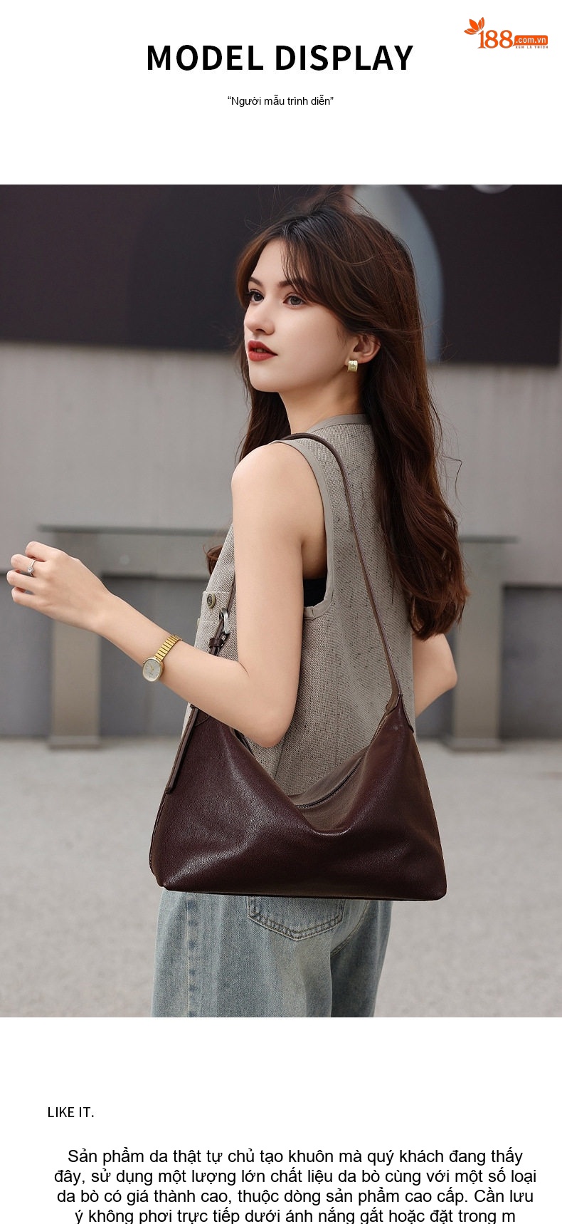 Túi Hobo Nữ Da Bò Thuần Chất Lượng Cao Đeo Vai Đeo Chéo Phong Cách Cổ Điển Màu Nâu chi tiết 17