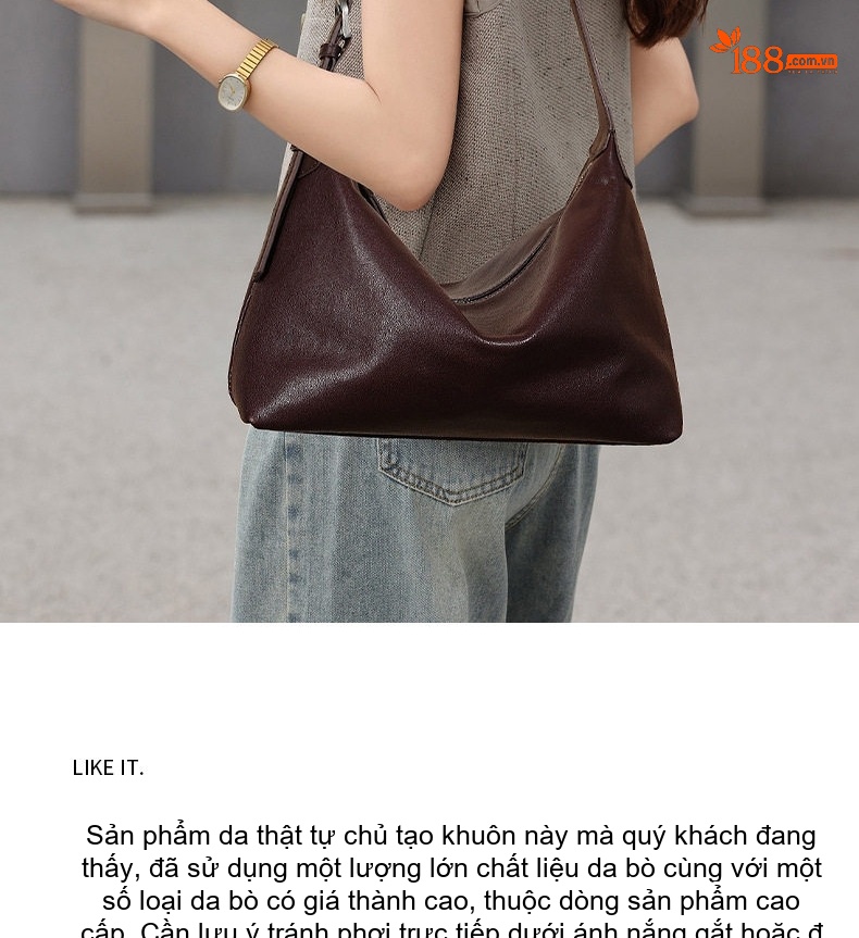Túi Hobo Nữ Da Bò Thuộc Thực Vật, Túi Đeo Vai, Túi Kẹp Nách Phong Cách Cổ Điển Màu Nâu, Đen, Be chi tiết 19