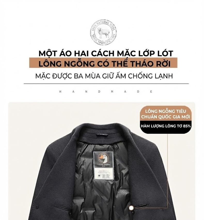 Áo Khoác Dạ Nam Hai Mặt Lót Lông Vũ Có Thể Tháo Rời Màu Nâu, Đen chi tiết 10