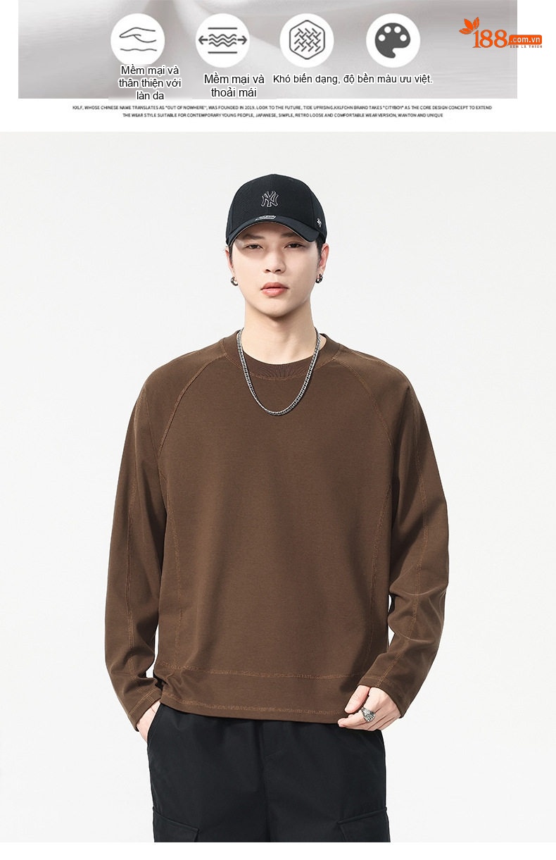 Áo Thun Tay Dài Nam Cổ Tròn Dáng Rộng Cotton Màu Nâu, Xám chi tiết 5
