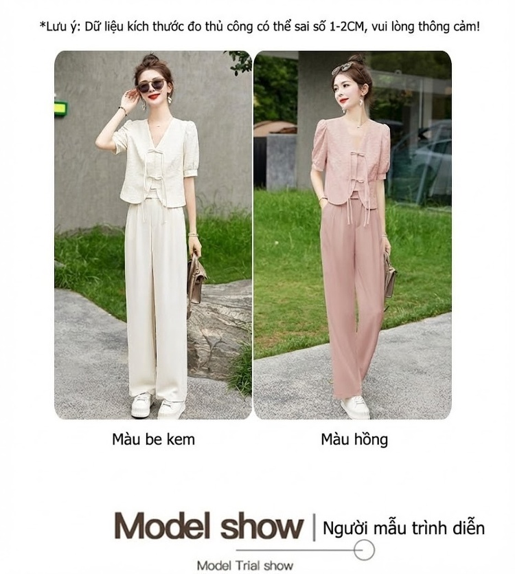 Set Bộ Quần Áo Nữ Phong Cách Trung Hoa Cổ Điển Thiết Kế Tiểu Thư Quần Ống Rộng Khuy Cài Màu Trắng, Hồng chi tiết 2