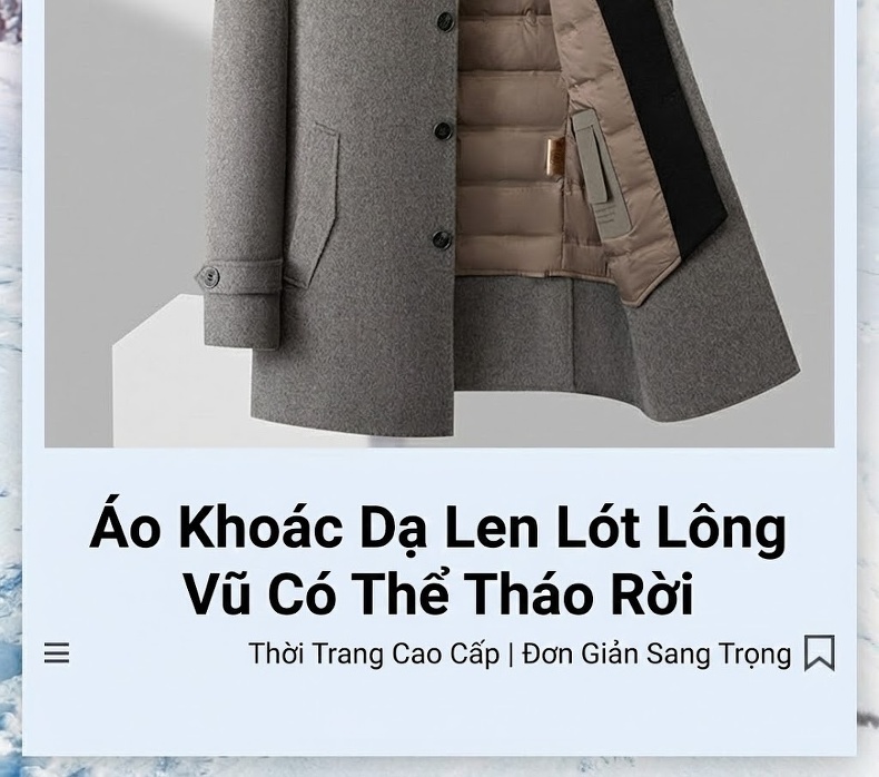 Áo Khoác Dạ Nam Lông Cừu Mỏng Cổ chữ Vest Lót Lông Vũ Tháo Rời Màu Đen, Xám, Nâu chi tiết 2