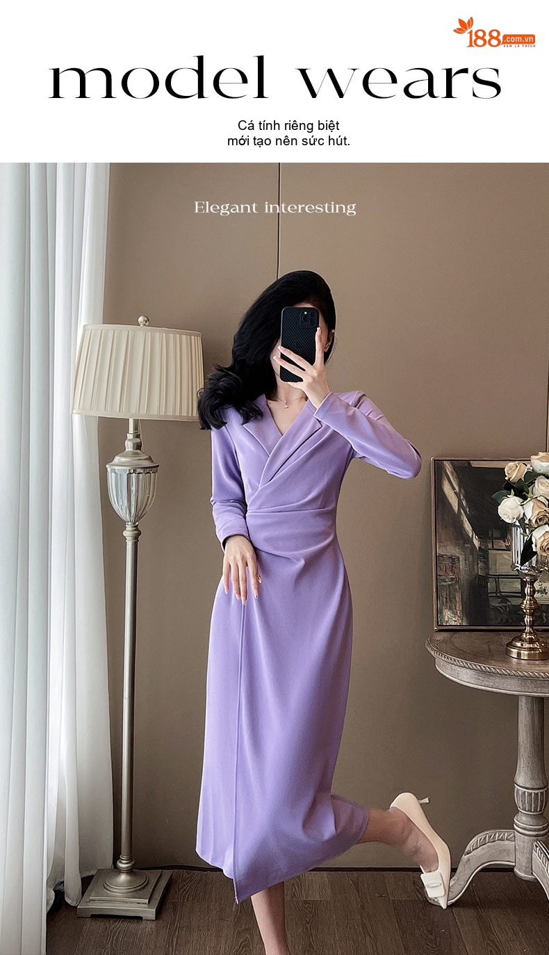 Váy Dài Tay Dáng Vest Cổ chữ V Chít Eo Phong Cách Quý Cô Màu Be, Đen, Đỏ, Tím chi tiết 9
