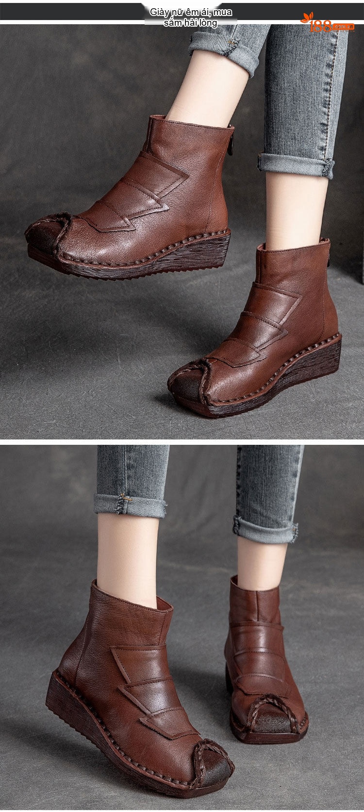 Boot Nữ Da Bò Cổ Cao Đế Xuồng Chiều Cao Đế Khoảng 4cm Màu Đen, Nâu chi tiết 8