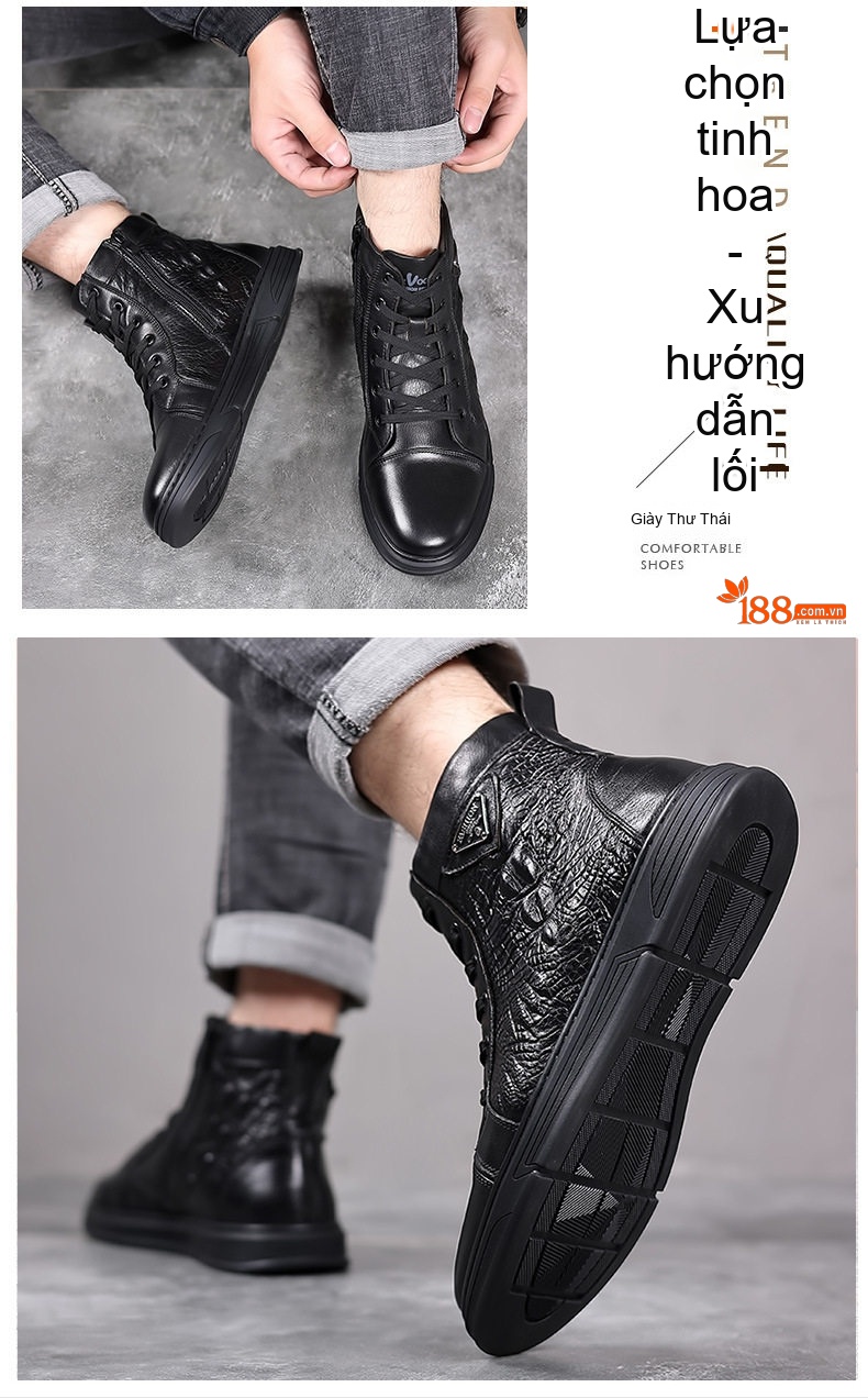 Giày Boot Martin Nam Da Bò Cao Cổ Phong Cách Anh Quốc Chiều Cao Đế Khoảng 3cm Màu Đen chi tiết 13