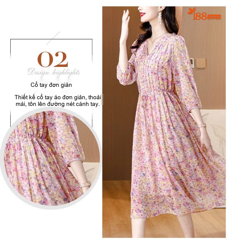 Váy liền thân Nữ Lụa Tằm Tơ Họa Tiết Hoa Nhỏ dáng chữ A Chiết Ly Eo Thon chi tiết 5