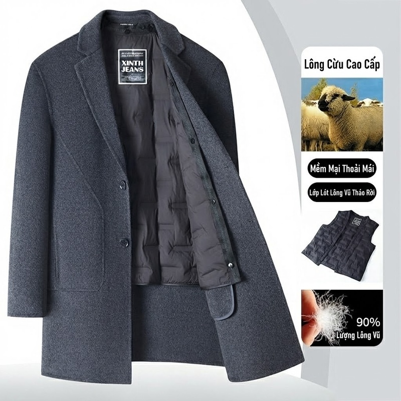 Quần Jean Nam Dáng Suông Dài Vải Denim Lót Lông Dày Dặn Màu Xanh Navy