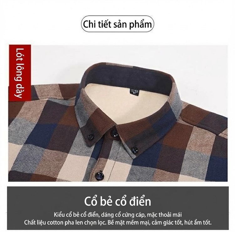 Áo Sơ Mi Nam Cotton Dài Tay Lót Lông Cổ Điển Chống Nhăn Màu Xanh Navy, Xám, Đỏ, Xanh Lá... chi tiết 8