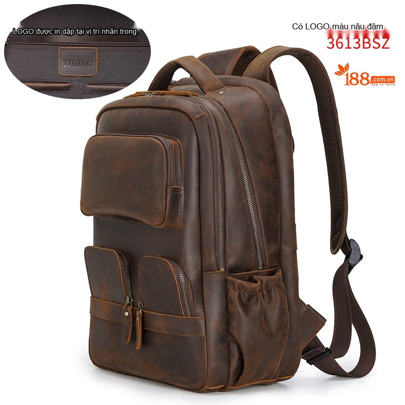 Balo Da Thật Nam Đa Năng Phong Cách Retro Túi Đựng Laptop USB Da Bò Sáp Màu Nâu