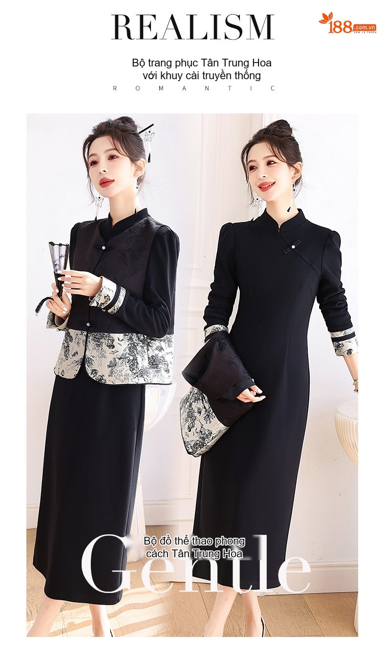 Set Áo Gile và Đầm Nữ Phong Cách Trung Hoa Cổ Điển chi tiết 5