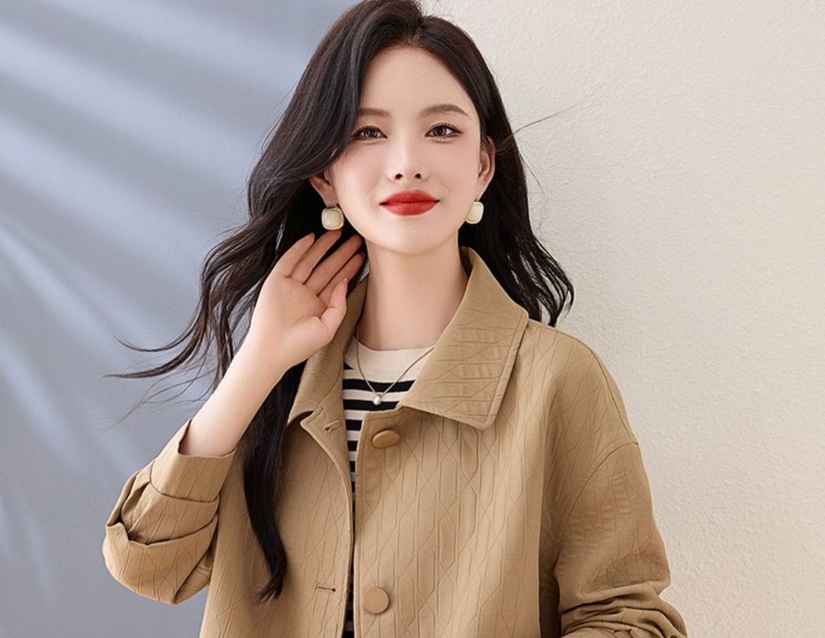 Áo Khoác Nữ Cổ Bẻ Kiểu Hàn Quốc Dáng Ngắn Rộng Tay Dài Màu Be chi tiết 30
