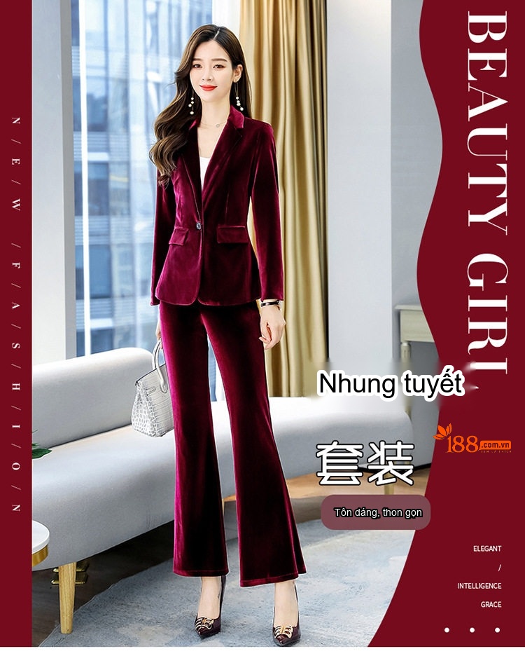 Bộ Vest Nữ Vải Nỉ Dáng Ôm Thời Trang Màu Đỏ Rượu Vang, Xanh Navy chi tiết 1