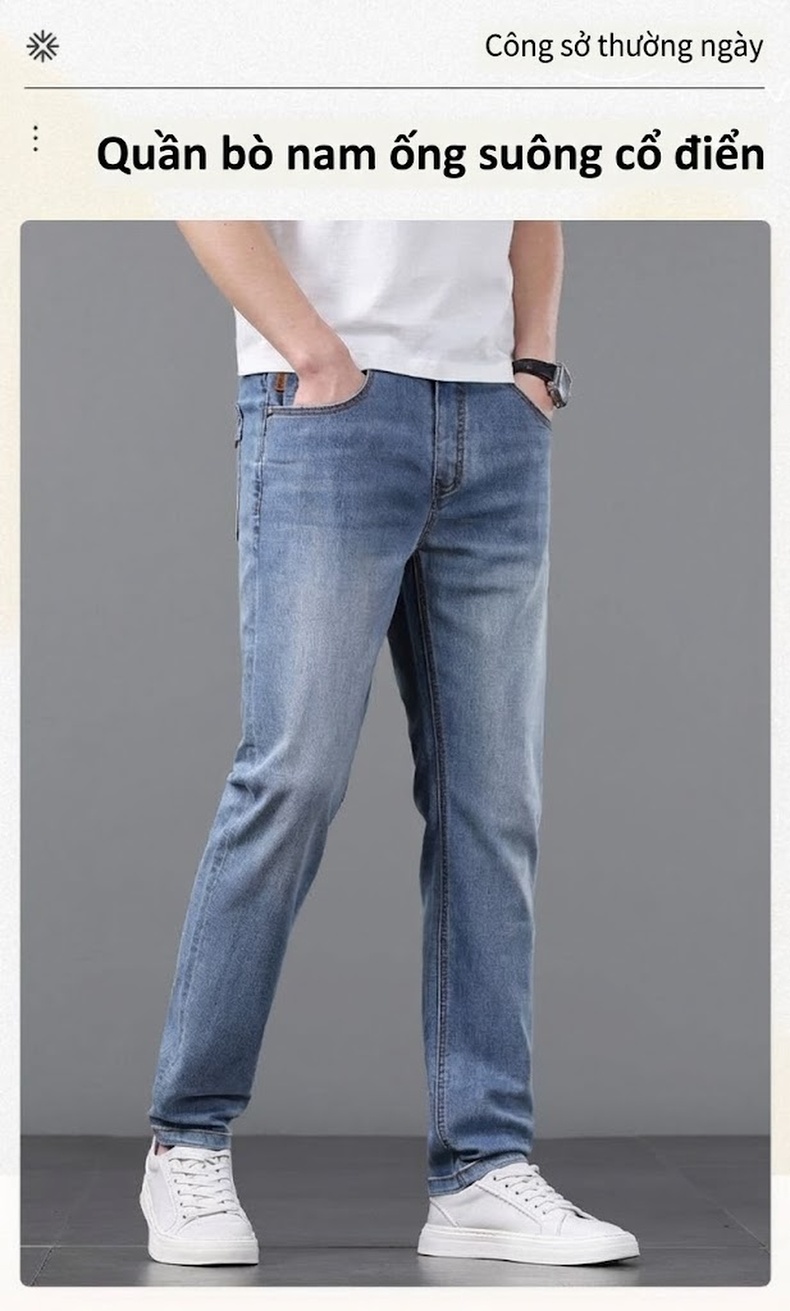 Quần Jean Nam Ống Đứng Co Giãn Lyocell Tencel Màu Xanh Dương chi tiết 1