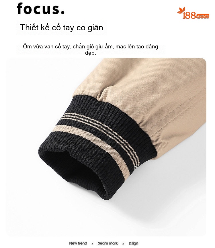 Áo Khoác Bomber Nam Cotton Dáng Đứng Cổ Tay Bo Chun Thu Đông Màu Be, Đen, Vàng Nâu chi tiết 9