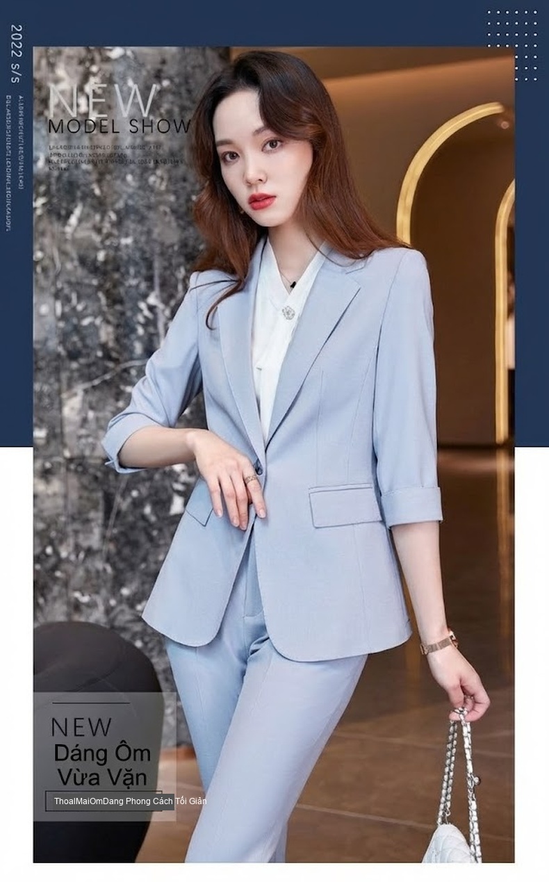 Bộ Vest Công Sở Nữ Tay Lỡ Phong Cách Hàn Quốc Màu Xanh Khói, Be, Đen chi tiết 1