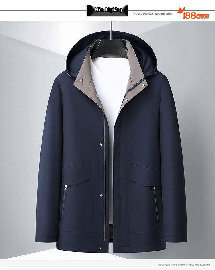 Áo Khoác Gió Nam Mỏng Nhẹ Có Mũ Trùm Đầu Phong Cách Business Casual Màu Đen, Xanh Navy, Be chi tiết 10