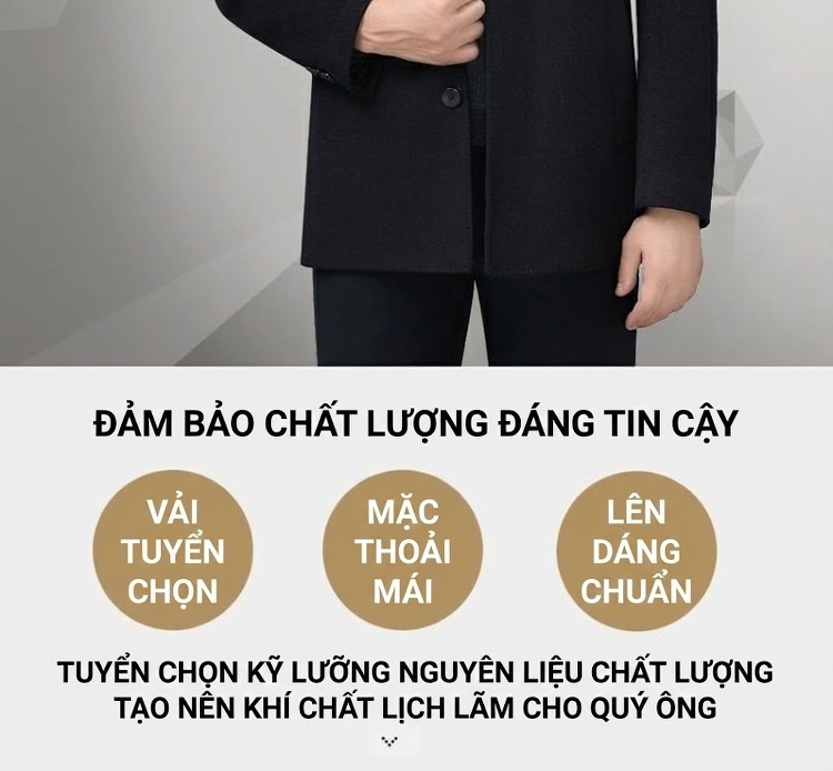 Áo Khoác Dạ Nam Trung Niên Lót Lông Vũ Có Thể Tháo Rời Cổ Lông Cừu Màu Đen chi tiết 2