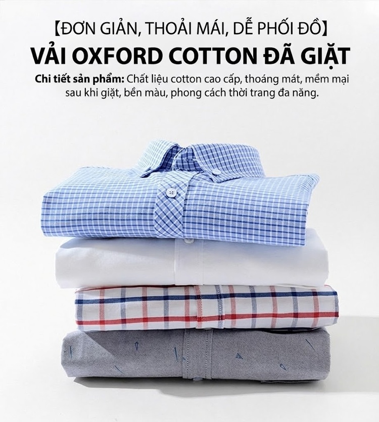 Áo Sơ Mi Tay Dài Nam Cotton Dáng Ôm Vừa Vặn Màu Xanh, Đen, Tím, Trắng... chi tiết 1
