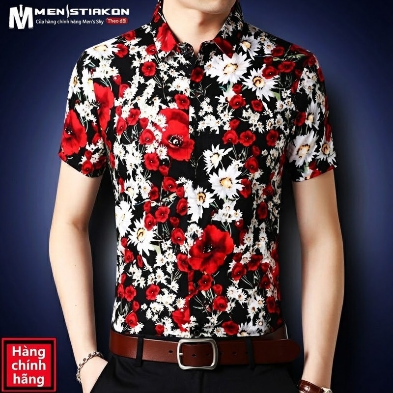Áo Sơ Mi Tay Ngắn Nam Cotton Họa Tiết Hoa Lá Phong Cách Trung Niên Màu Đỏ, Trắng, Đen, Xanh Navy...