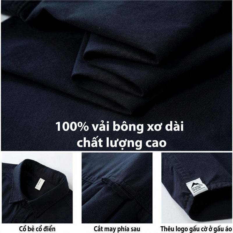 Áo Sơ Mi Dài Tay Nam Cotton Dáng Rộng Phong Cách Retro Màu Xanh Navy, Trắng